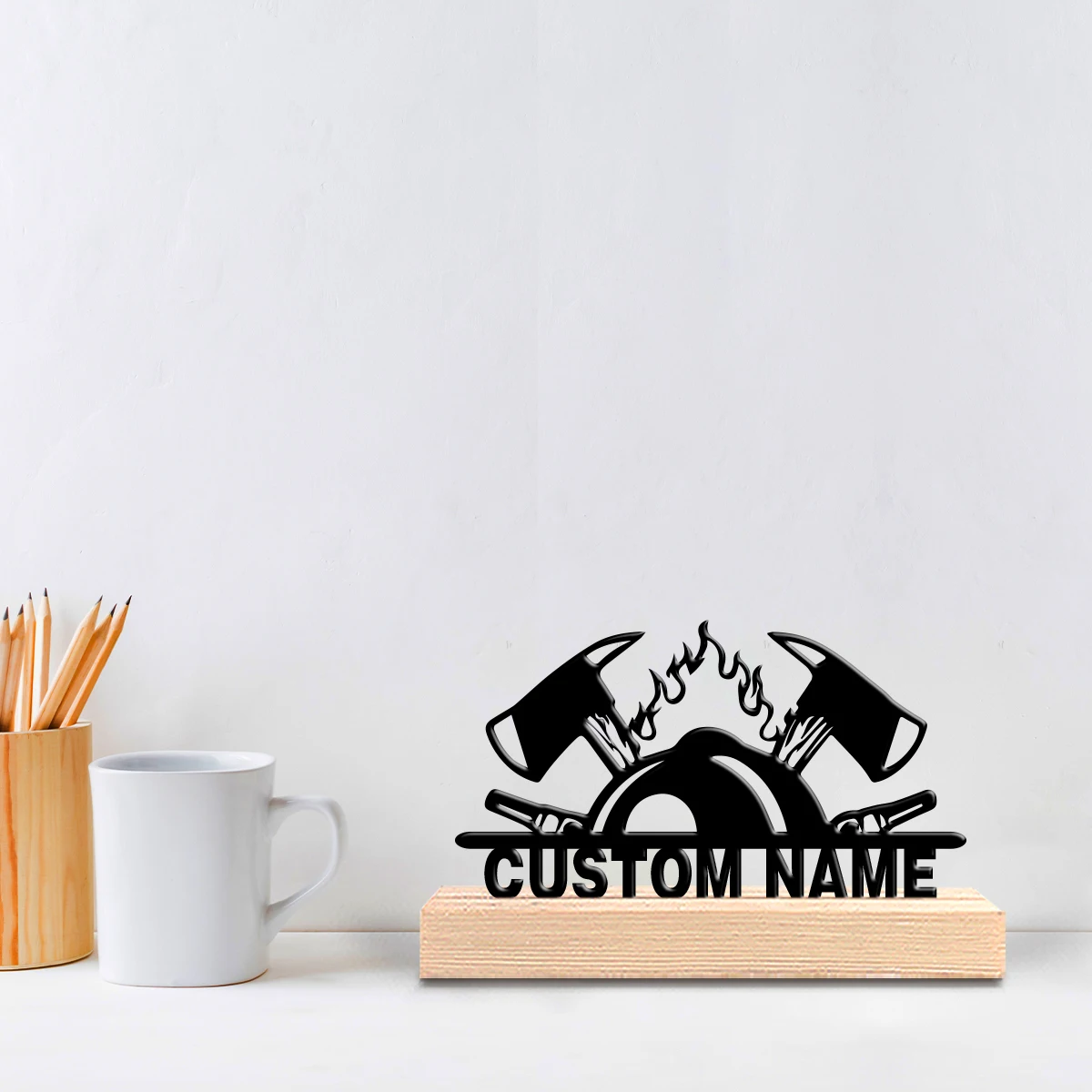 1pc Personalized Custom Firefighting tools Metal Statues With Wooden Base Tabletop Decoration Artist’s Desk Art with Wooden Stan