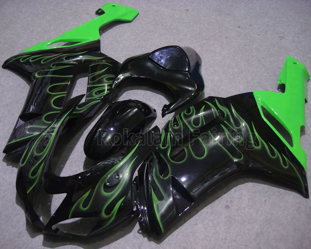 For Kawasaki Ninja ZX6R 2007 2008 ZX 6R 07 08 ZX-6R Green Flames In Black Bodywork Fairing Kit (Injection Molding)