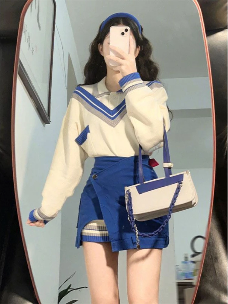 

2023 Autumn Fashion Suits Chic Japanese Long Sleeve Y2k Two Piece Dress Set Female Casual Blouse + Blue High Waist Mini Skirts