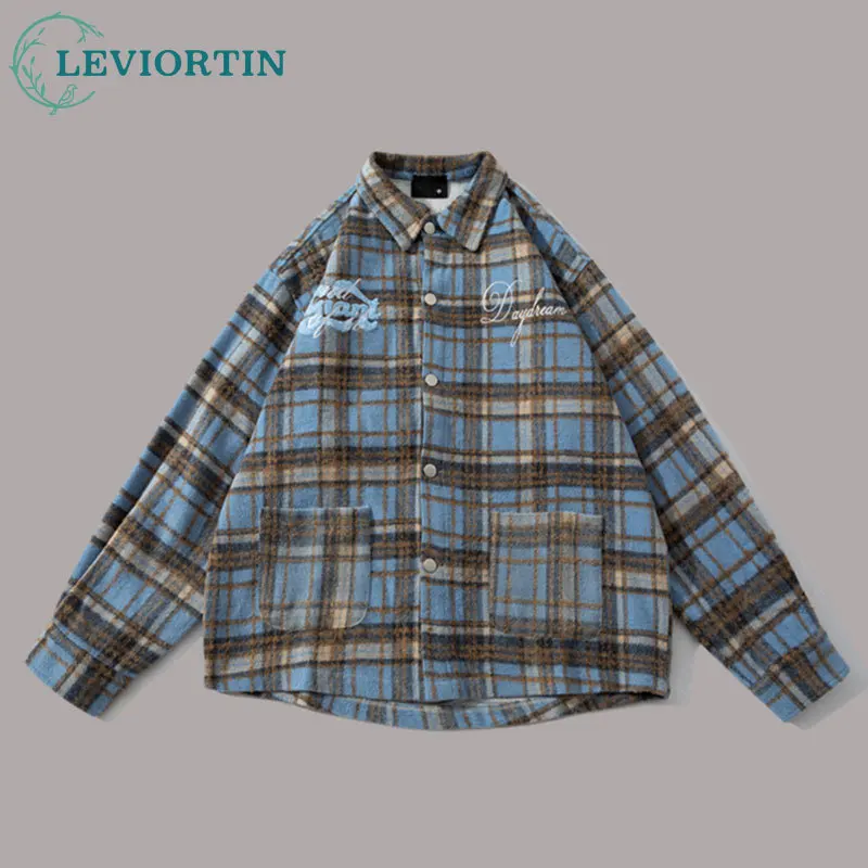 Hip Hop Men's Checkered Sleeve Shirt Jacket Harajuku Letter Towel Embroidery Loose Long Sleeved Trendy Loose Shirt Jacket Unisex