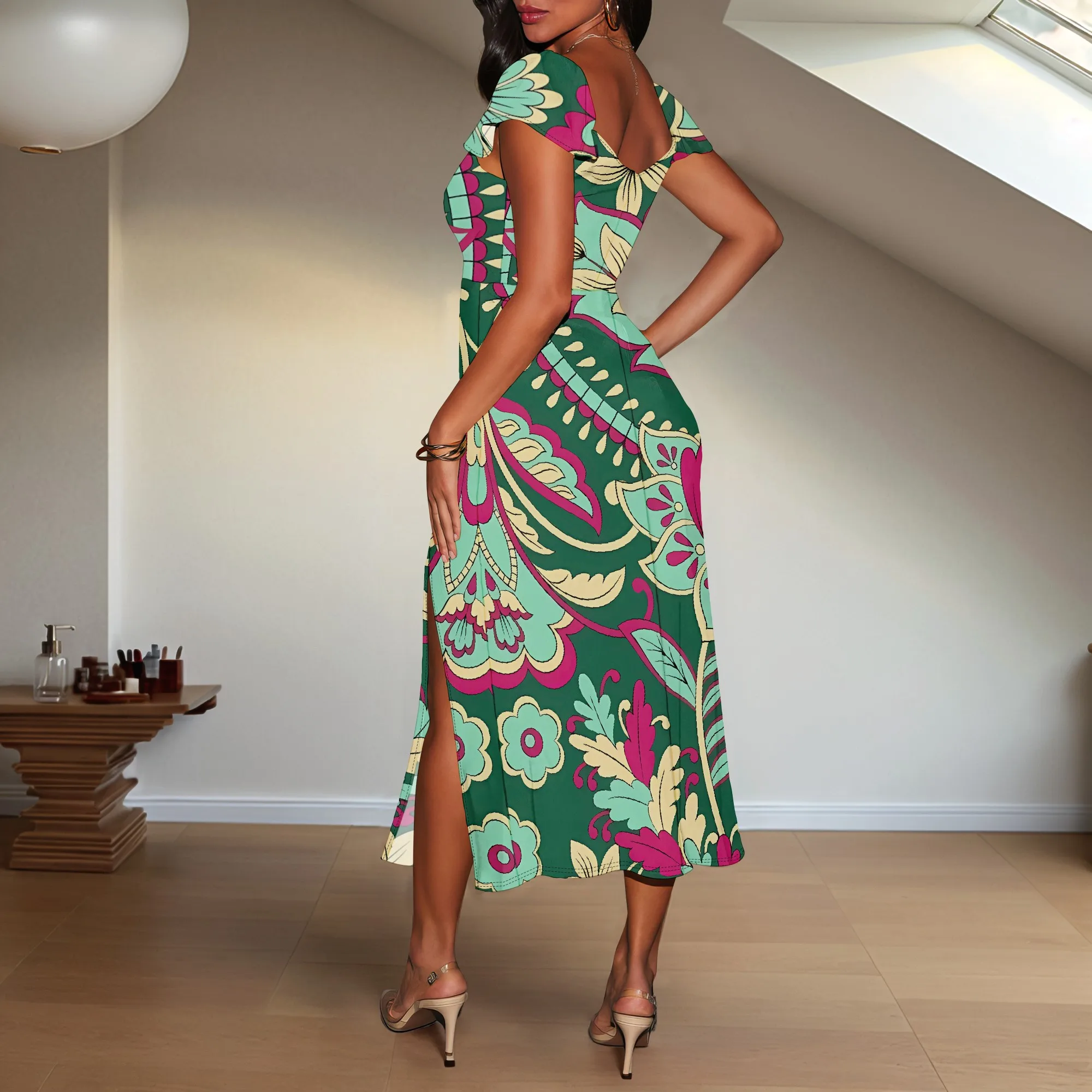 Nupusa – robe mi-longue fendue à imprimé Paisley, vert, rose, pour femmes, taille régulière, décontractée, col carré, manches courtes