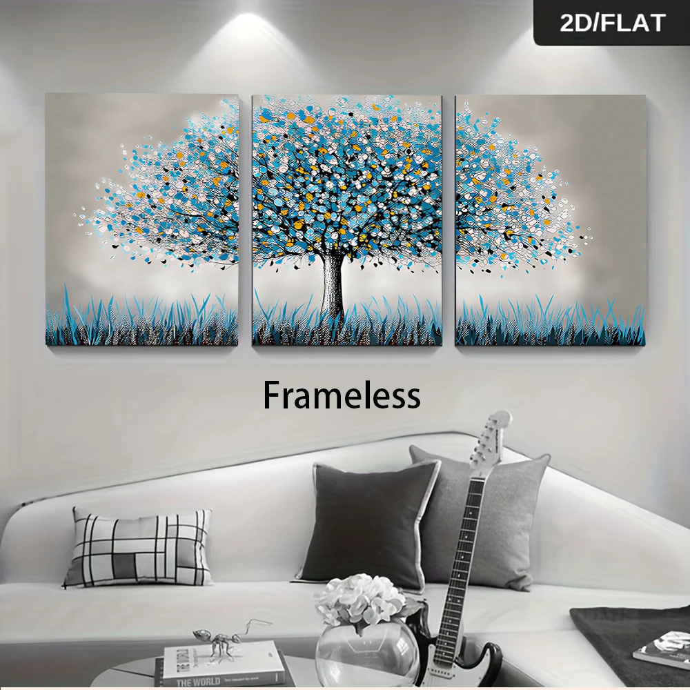 1 set of modern minimalist three-panel frameless decorative painting, featuring a fresh blue-gray tone, 2D flat surface