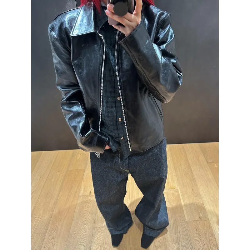 High Street Our Legac Black Double-zip Leather Casual Loose Jacket Men's Casual Fashion Coats Men's Clothing