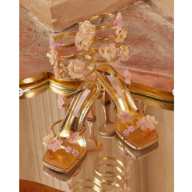 Gold Floral Ankle Wrap Square Toe Stiletto Sandals Woman Summer 2026 3D Flower Decor High Heels for Wedding Prom Party Dress