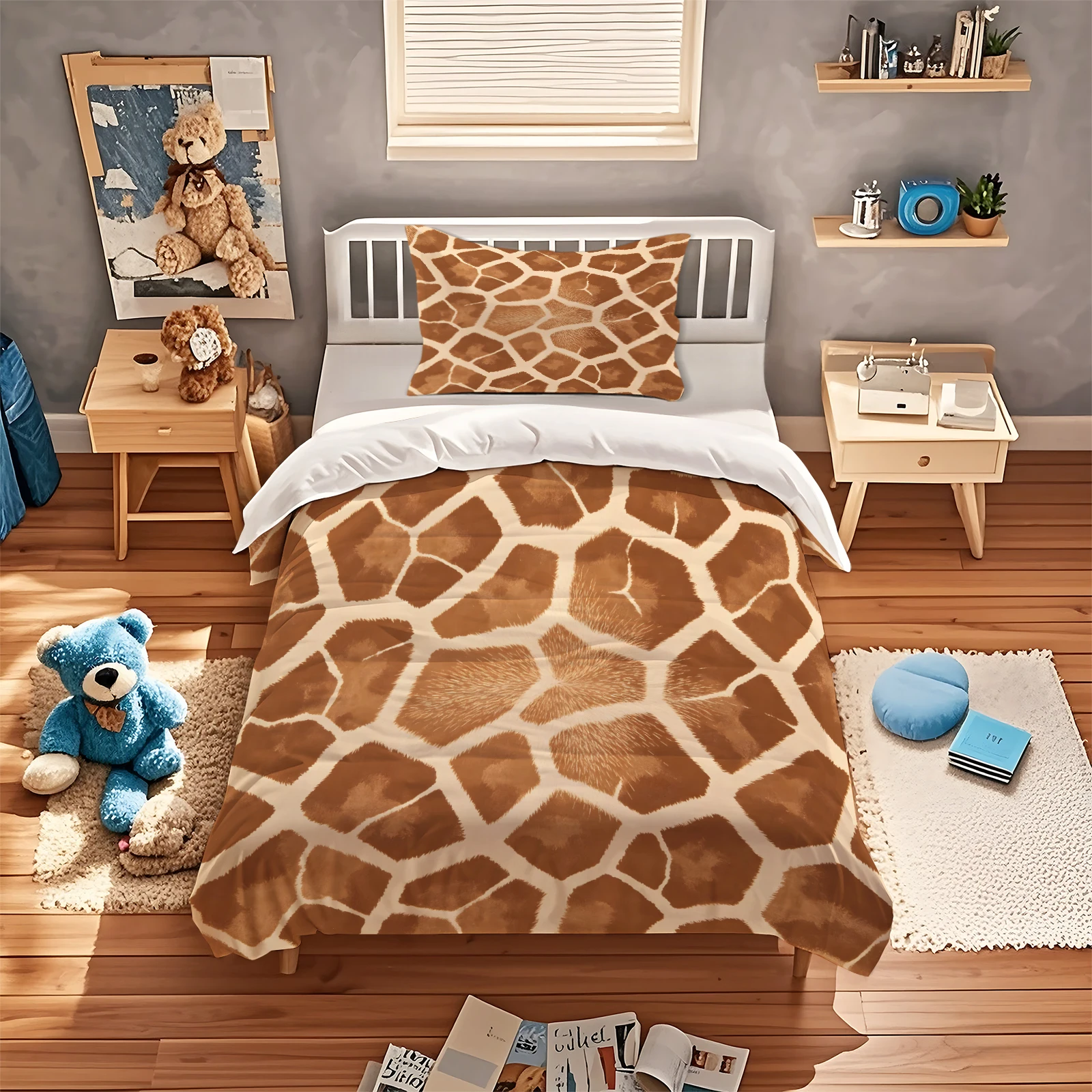 Giraffe Hide Pattern Duvet Cover Set Rustic Animal Print Microfiber Bedding Zipper & Inside Corner Ties Quilt Cover Pillow Shams