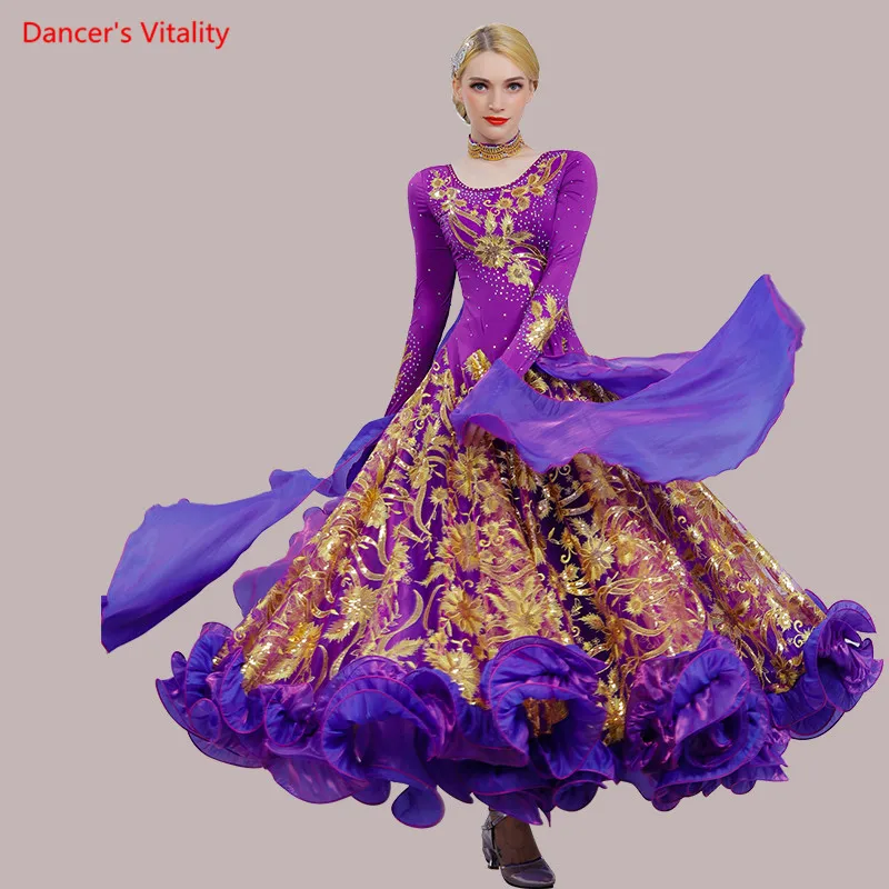 Ballroom Dance Dress 2019 New Luxury Sequins Embroidery Big Swing Dresses Women Latin Waltz Tango Dance Performance Costumes