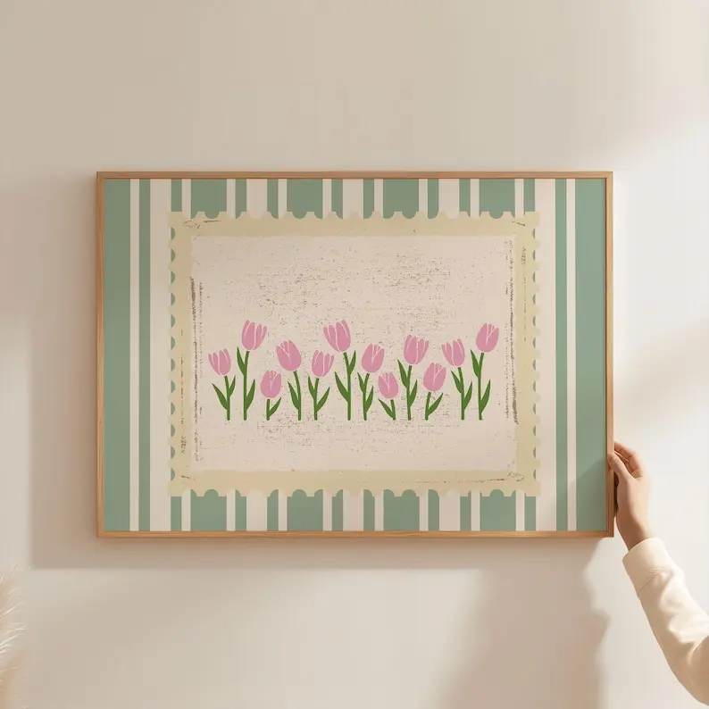 1pc Vintage Green Pink Tulips Flower Canvas Wall Art, Unframed Stripped Pattern Landscape Aesthetic Bedroom & Living Room Poster