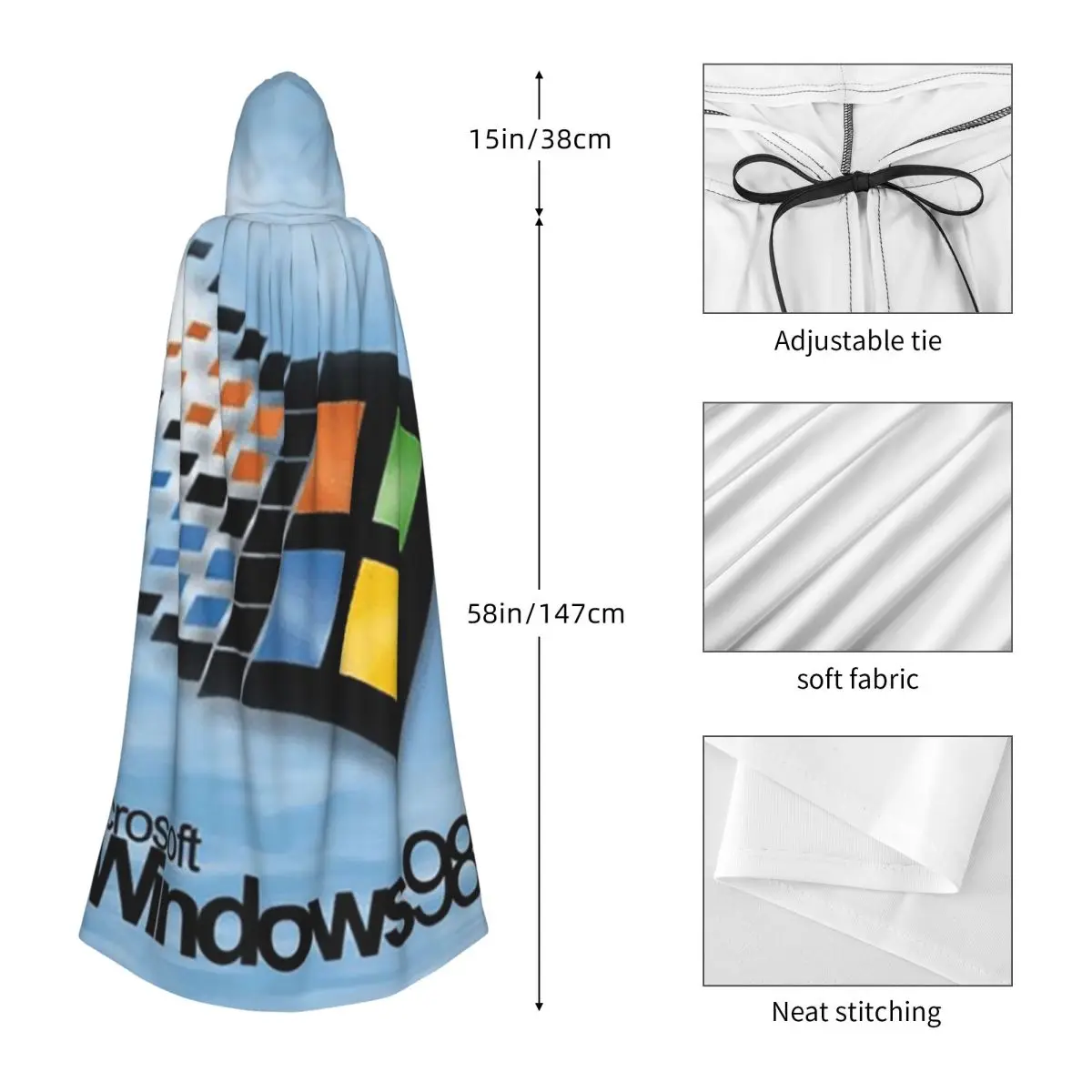 Windows 98 شاشة البداية عباءة طويلة مقنعين الساحرة القرون الوسطى زي تأثيري كيب هالوين معطف الكبار للجنسين