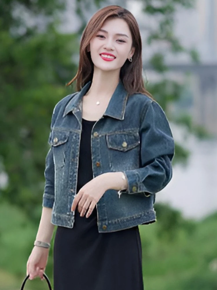 

Faionable Retro Denim ort Jaet Women's Loose Slimming Sli Long Sve Top Breathable Commute Sle Chinese Brand