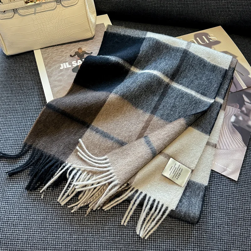 New Type 100% Pure Wool Scarf Men Women Autumn Winter Soft Light Thermal Plaid Muffler Male Female Classic Wool Thick Warm Scarf