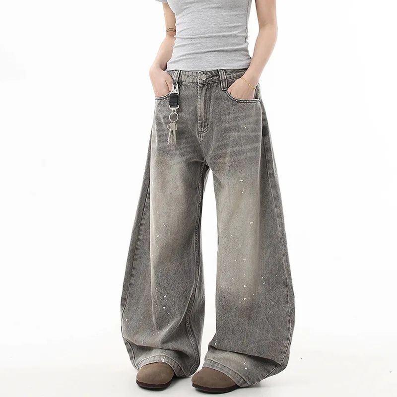 American Streetwear Flare Jeans for Women - Loose High-Waisted Flared Denim Pants with Washed Effect Spring  Summer New Design