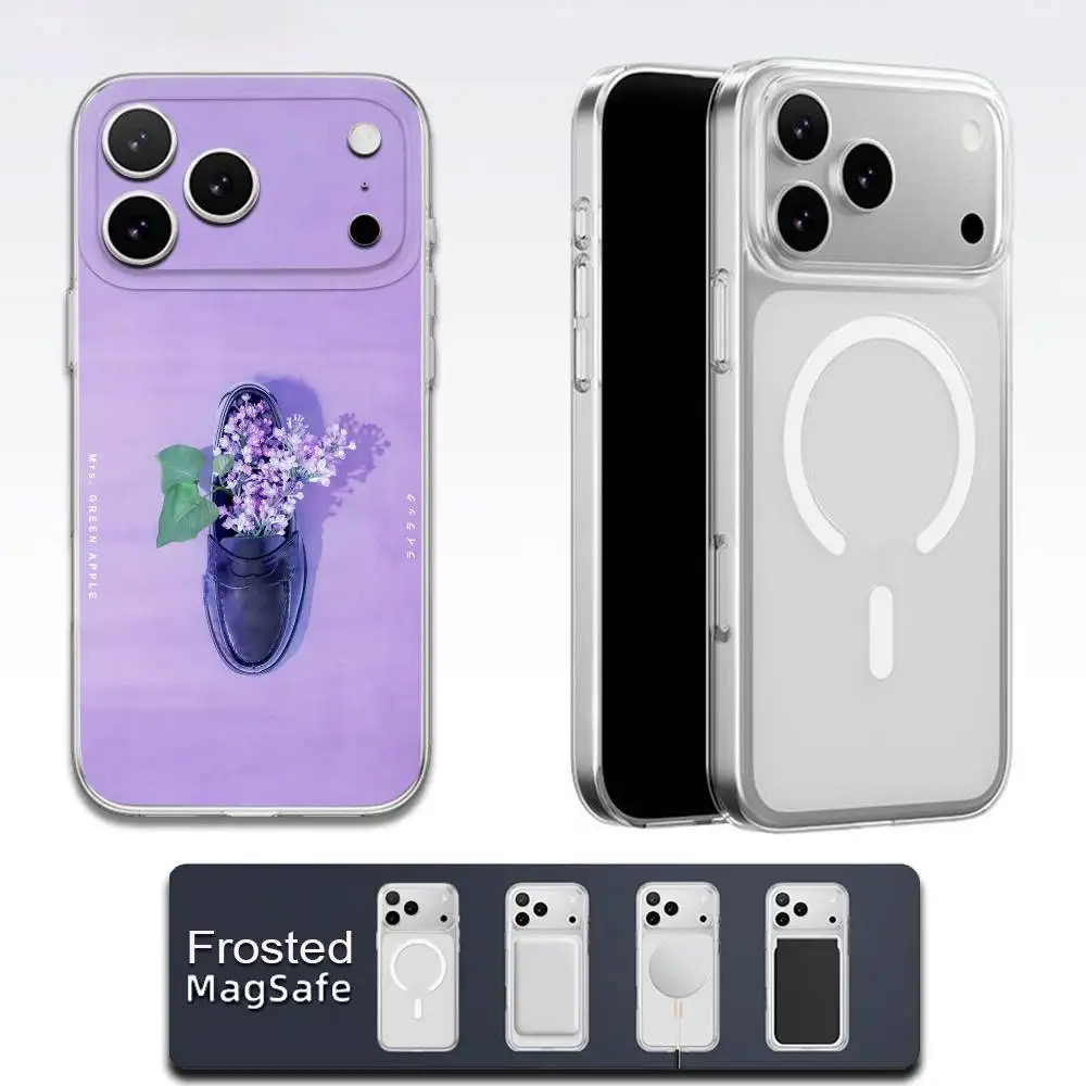 حافظة هاتف MGA M-Mrs GREEN APPLE Lilac لهاتف iPhone 17,16,15,14,13,12,11,Pro,Max,Plus,E,Air,Mini Magsafe شفافة بلوري