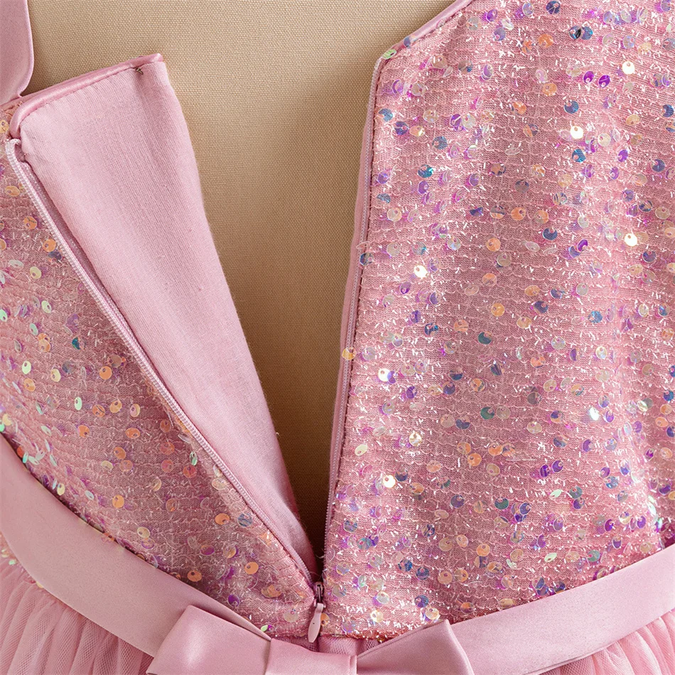 الفتيات الصلبة الترتر شبكة القوس ثوب مسائي رسمي للأطفال أداء البيانو المضيف زي الأطفال الزفاف فستان الأميرة الأنيق