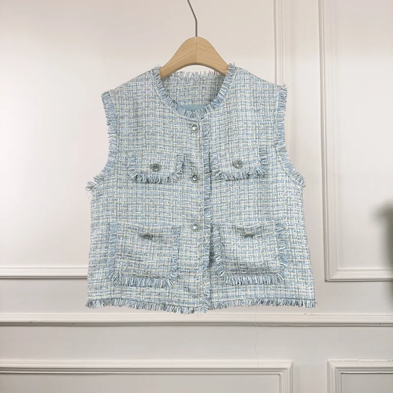 Round Neck Blue Tassel Small Fragrance Vest Jacket Women Fashion Pink Multi-pocket Sleeveless Tweed Vest Jacket Woman