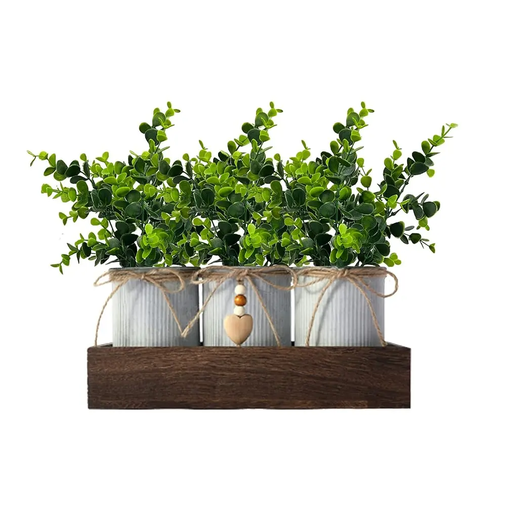 

Decorative Centerpiece Wooden Tray With 3 Metal Potted Artificial Eucalyptus Rustic Country Home Décor For Dining Room, Living