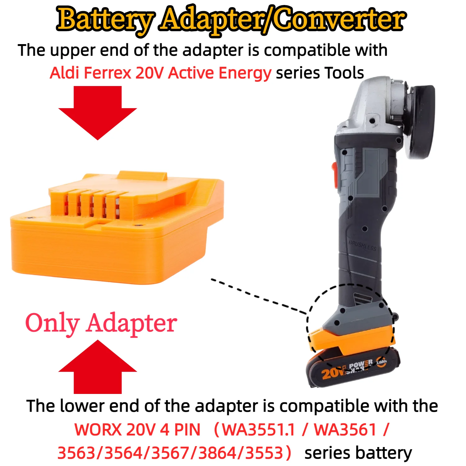 Adapter/Converter for WORX 20V 4 PIN WA3551.1 Battery TO Aldi Ferrex 20V Active Energy Cordless Tools Accessory(Only Adapter)