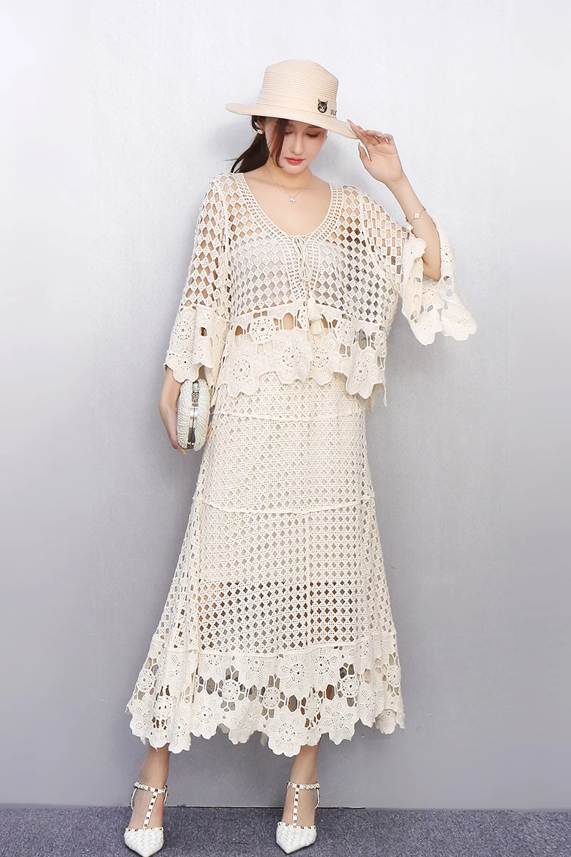 

2025 Spring Summer New Fashion Loose Hollow Knitted Long Sleeve Top Women Long Skirts Two-piece Set Female J1212
