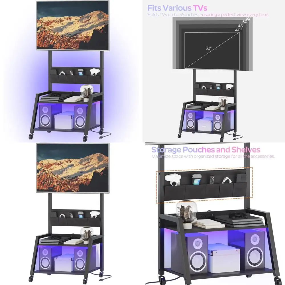 

Adjustable TV Stand with Power and LED Light, Mobile Cart for 55 TVs, Storage Pouch, Ideal for Living and Meeting Rooms, Black