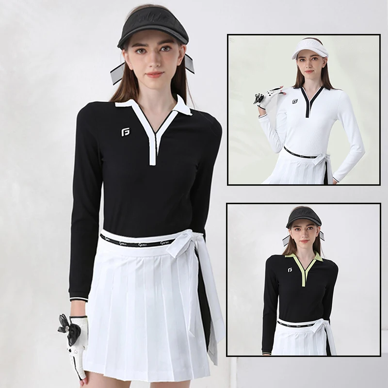 Ropa de golfista para mujer, camiseta de manga larga con cuello en V, Tops ajustados, faldas de golf plisadas con lazo, faldas pantalón de moda con pantalones cortos