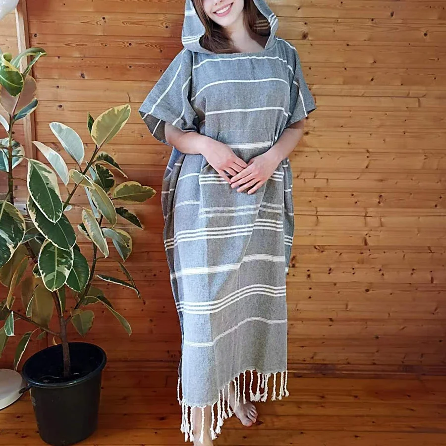 

YEUZLICOTTON Wearable Turkish Beach Towel Sandproof 100% Cotton Large Surf Poncho Robe Hooded Wetsuit Changing Towel Quick Dry