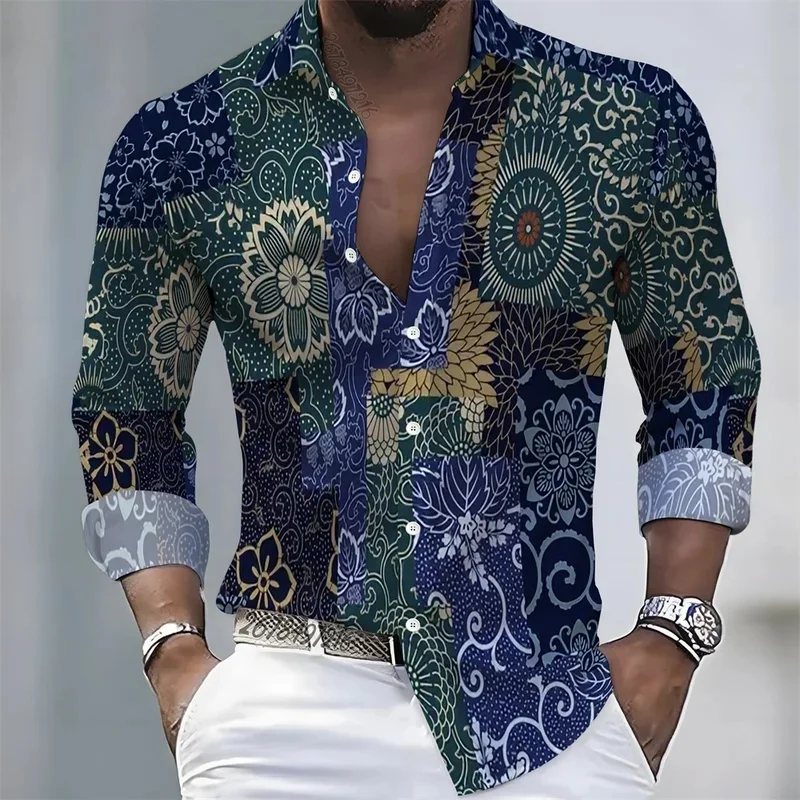 2026 Spring/Autumn New Men's Long-Sleeved Shirt, Retro Japanese Patchwork Print, Fashionable Casual Loose Collar Shirt