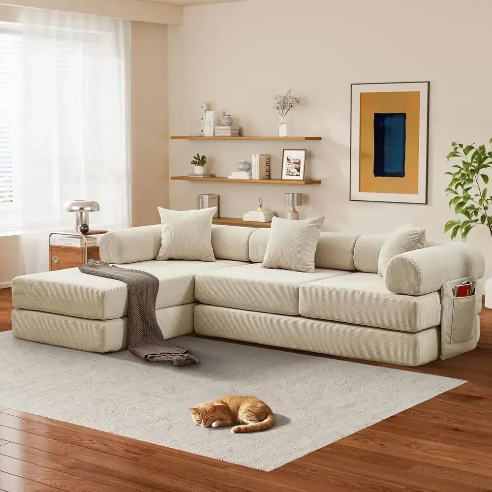 Convertible L-Shaped Sofa Bed with Cylindrical Pillow, Reversible Chaise, and Storage for Living Room, Beige