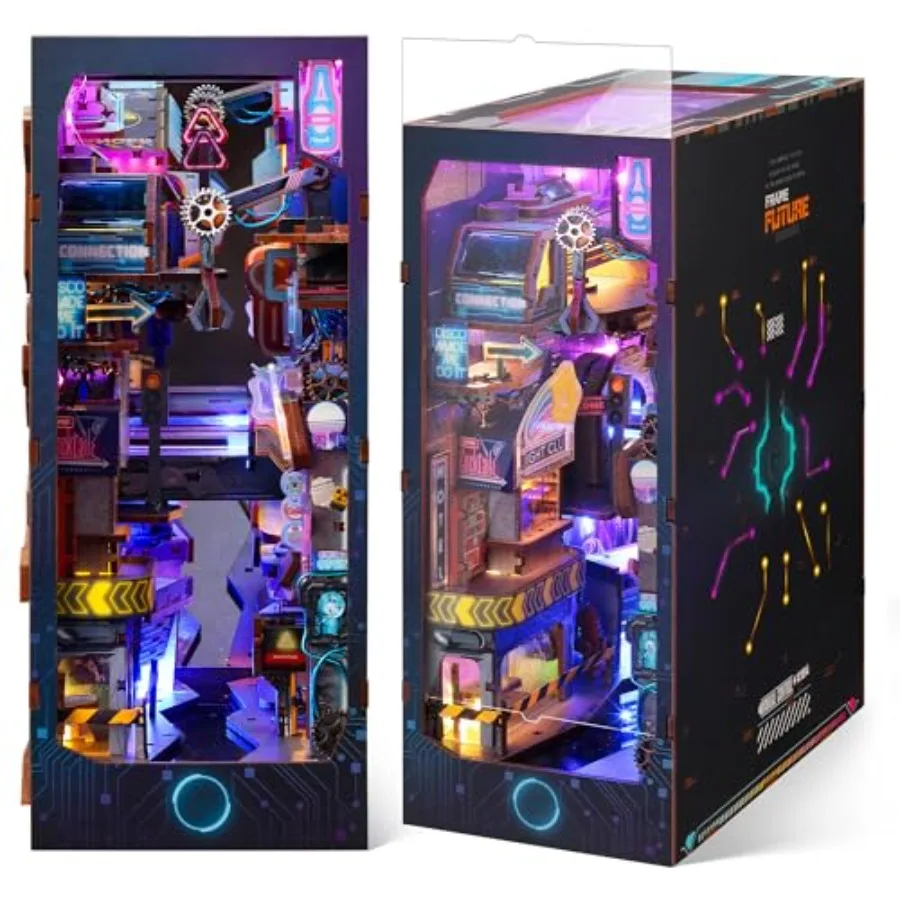 3D Wood Puzzle Book Nook Kit, Futuristic Miniature Bookshelf Insert with LED Lights, DIY Cyberpunk Bookend Décor for Display, U