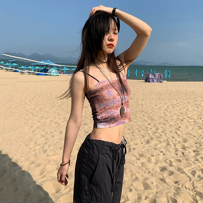 Karrram Y2k Aesthetics Camisole Tie Dye Printed Tank Tops Korean Fashion Grunge Tops Summer Sexy Punk Style Crop Tops Fairycore