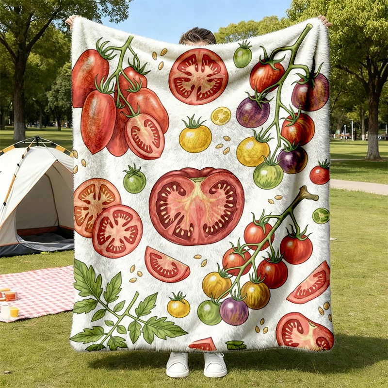 Vintage Tomato 90s Graphic Flannel Blanket, Retro Summer Vegetable Garden Nature Y2k Unisex Flannel Throw