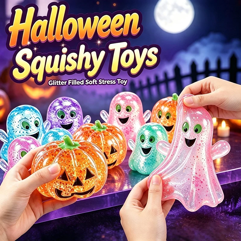 Glitter Clear Jelly Maltose Squeezy Squishy Halloween Ghost Pumpkin Fidget Toy Anxiety Relief Soothing ADHD Autism Sensory Gift