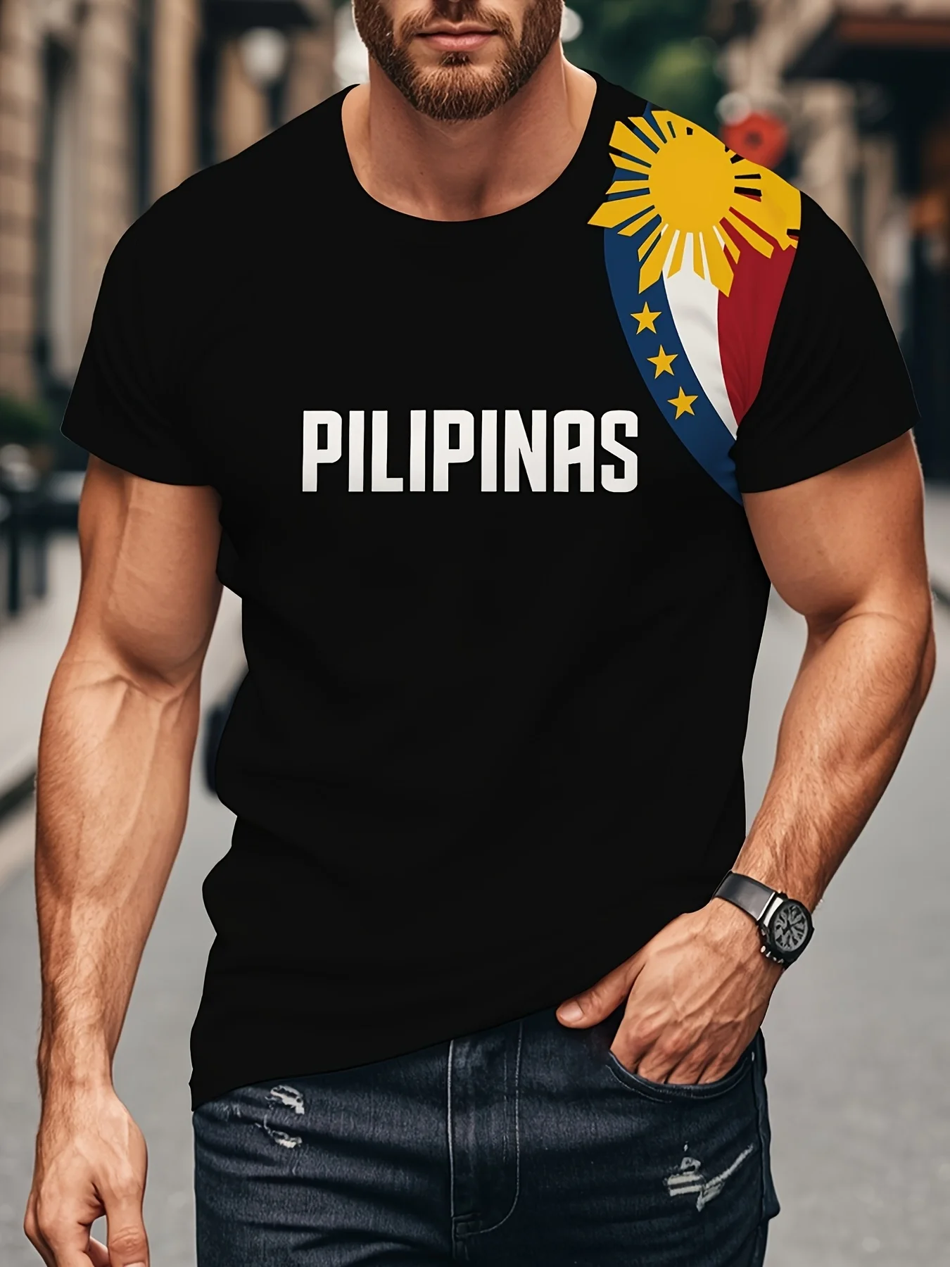 New men's short-sleeve T-shirt, loose-fitting and tailored with printed designs, versatile basic crew-neck top suitable for spri
