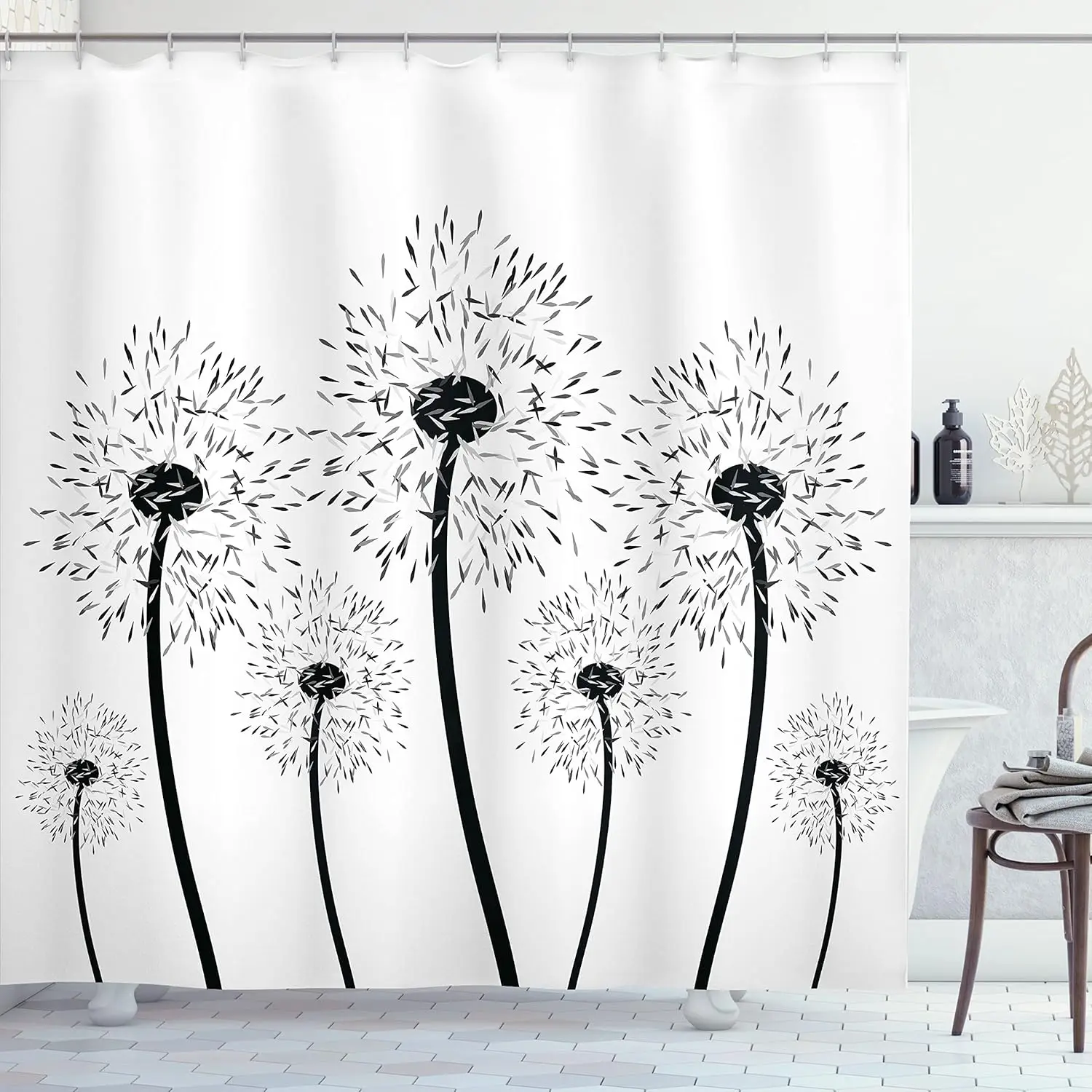 

Черно-белая занавеска для душа с одуванчиком, минималистичный дизайн природы, декор для ванной комнаты в стиле бохо, цветочное искусство, простое элегантное белье для ванны