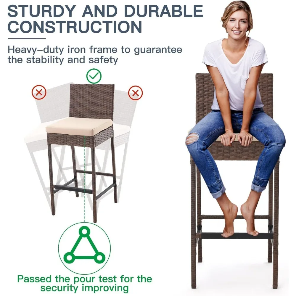 Outdoor Bar Stools, Wicker Woven Patio Stools & Patio Bar Chairs with Seat Cushion and Cozy Footrest, Rattan Furniture Armless