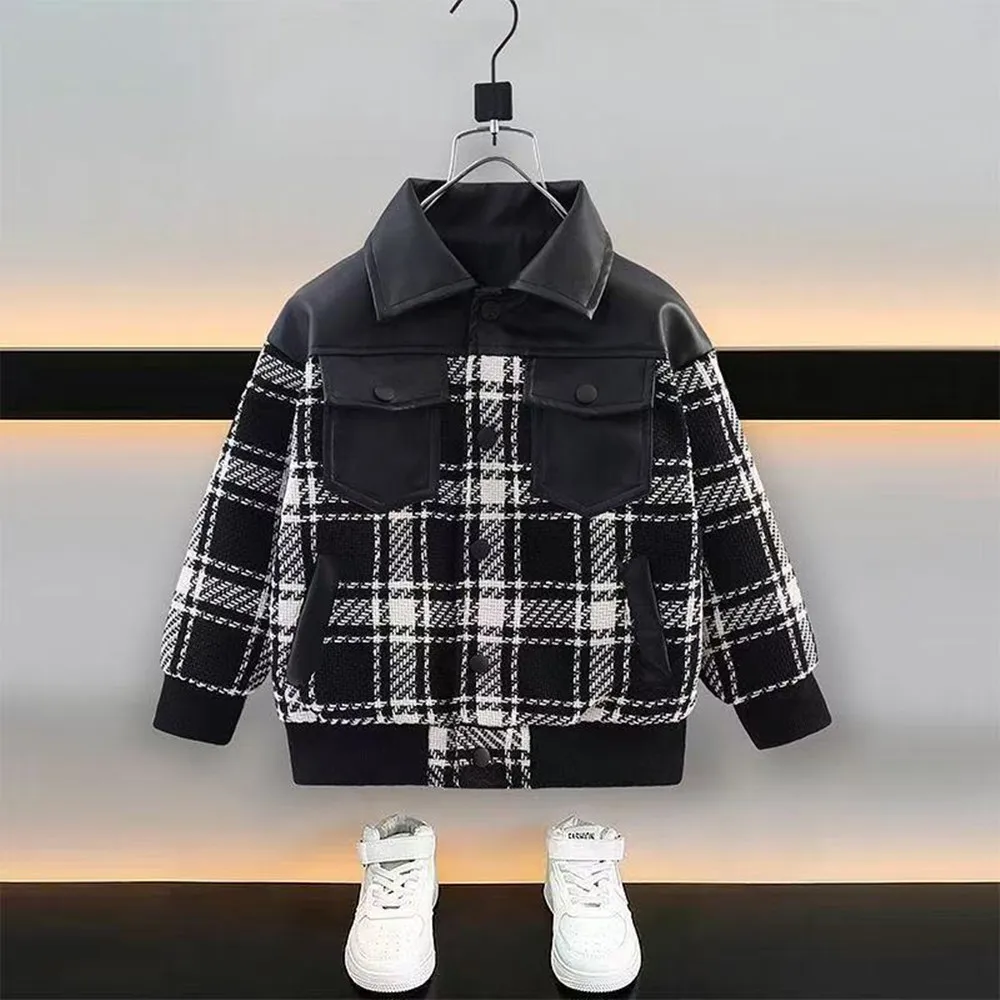 Children's Spring and Autumn Plaid Jacket Spring and Autumn 2026 New Style Boys' and Girls' Casual PU Jacket 2 4 6 8 10 12 Years
