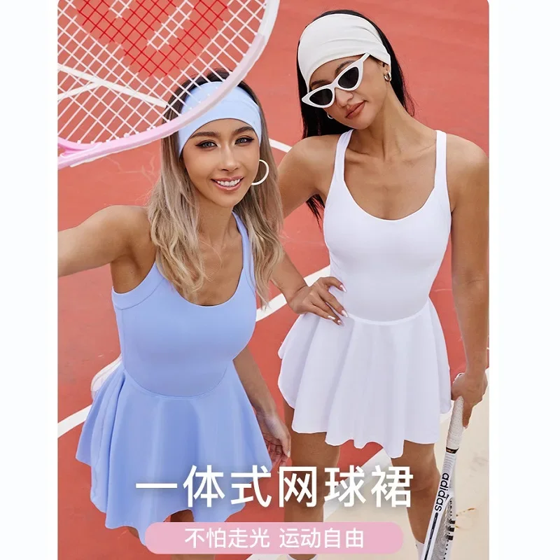 Tennis Dress One-Pieces Jumpsuits Slim Fit Sports Fitness Golf Badminton Skorts Back Cross Tracksuits with Chest Pads Yoga Suits