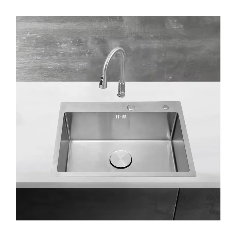

Top Selling Custom 68x45cm OEM Handmade Brushed Stainless Steel Single Bowl Kitchen Sink Two Faucet Holes