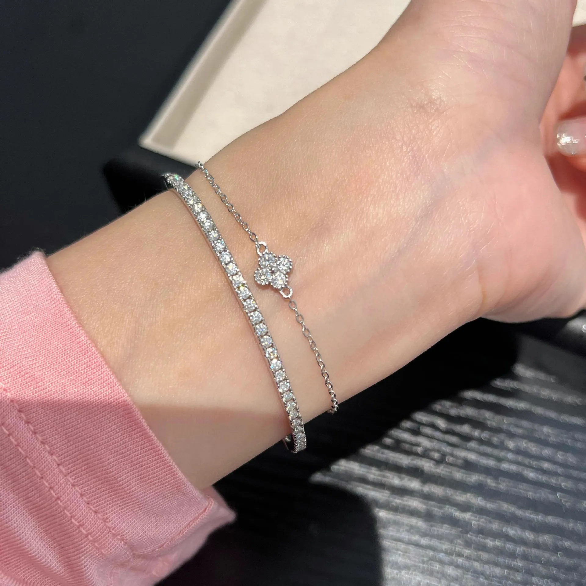 S925 Sterling Silber Armband Halbkreis-Diamant Damenmode Leichter Luxus Exquisites Bruchdiamant Zigeuner-Armband – Detail 10