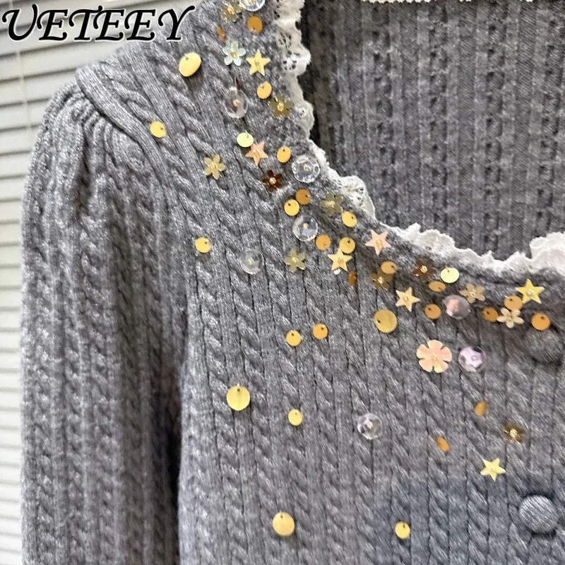 

Autumn Winter New Socialite Lace Trim 3D Beaded Embroidery Knitted Cardigan Elegant Women's Versatile Round Neck Short Sweater