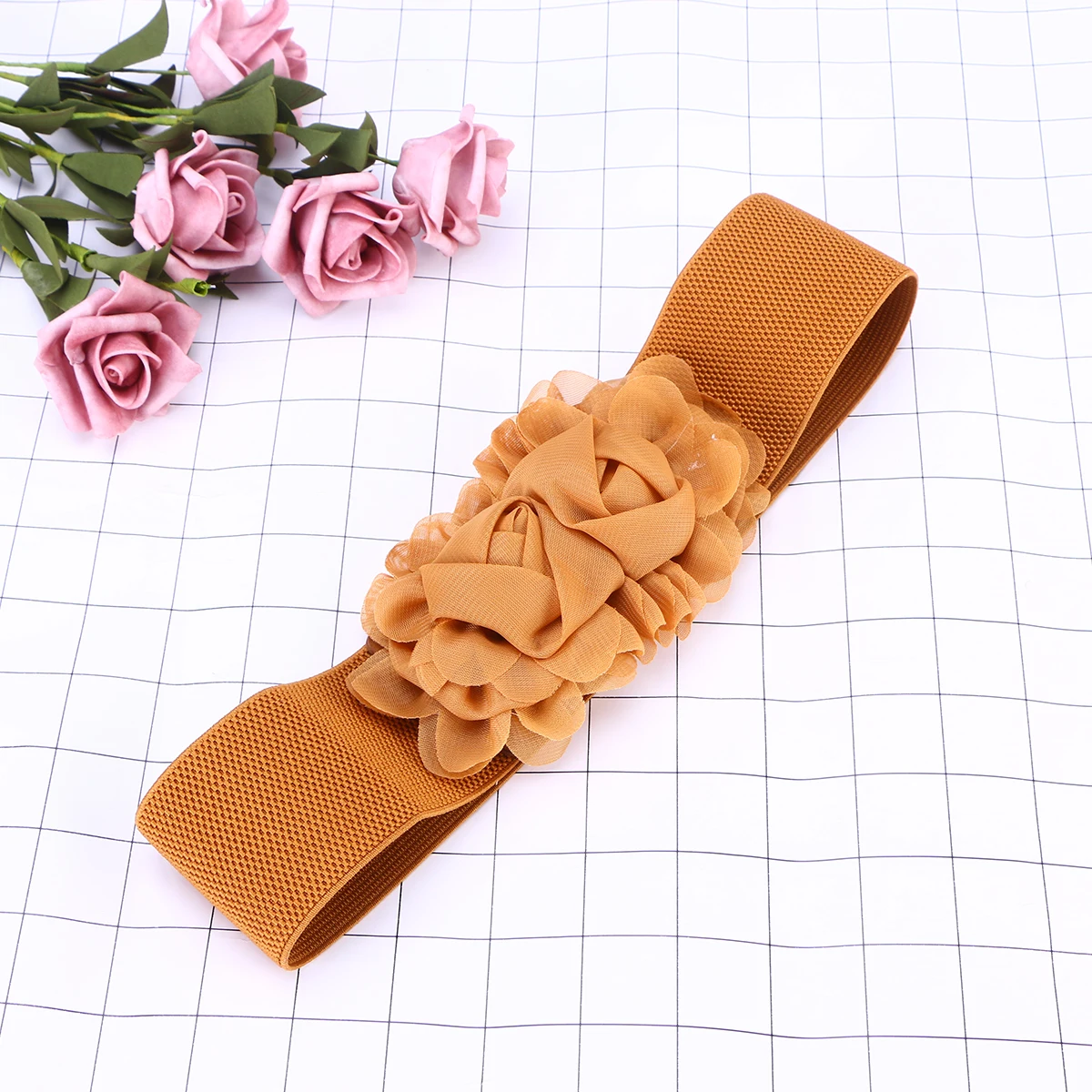 

Flower Buckle Elastic Waist Belt For Women Dress Lady Waistband Adult Slim Figure Brown () Dress Waist Belt