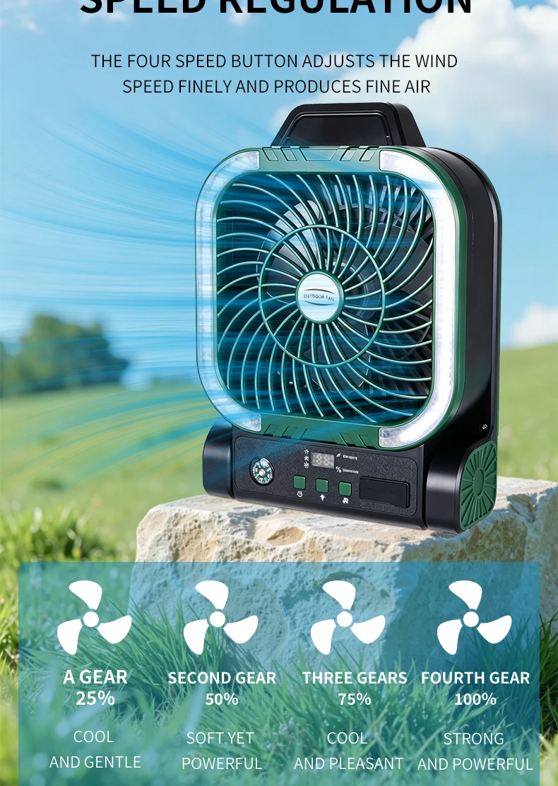 Solarbetriebener Campingventilator, tragbarer, wiederaufladbarer Tischventilator für den Außenbereich mit LED-Licht, Powerbank, Klapphaken für Zelt und Angeln – Detail 5
