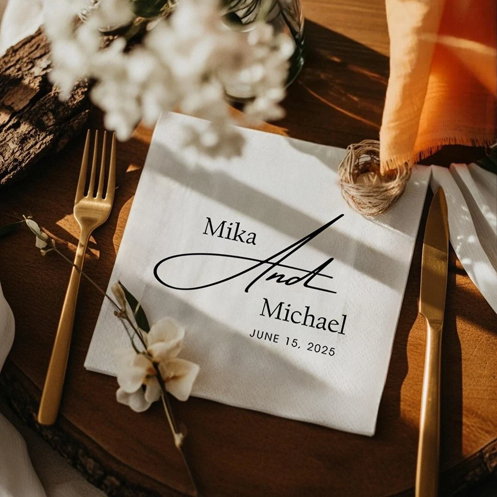 Servilletas de boda personalizadas, 50 Uds., servilletas de papel personalizadas para aniversario de boda, compromiso, decoración minimalista para fiesta de boda