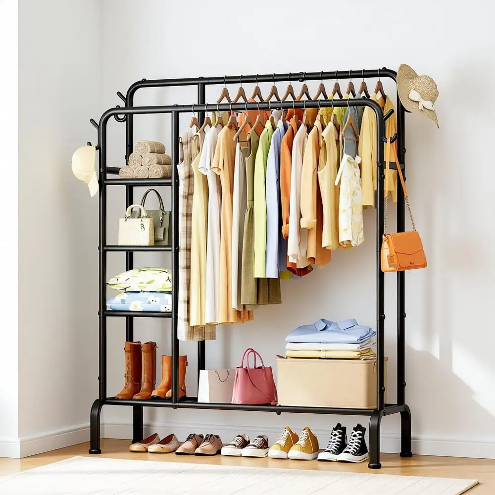 

Double-Rod Clothing Rack with Built-In Hooks & Shelves, Multi-Functional Wardrobe Closet for Bedroom, Living Room, Entryway, 41.