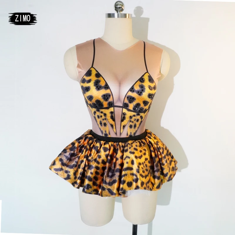 

Fashion Sexy Leopard Print Mini Dress Women Two Piece Bodysuit Stage Performance Outfits Nightclub Ds Team Pole Dance Costumes