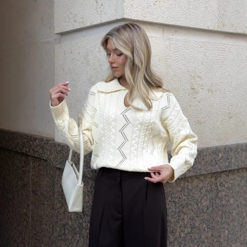 

2025 Autumn/Winter New Solid Color Knitted Hollow Small Collar Knitted Sweater for Women