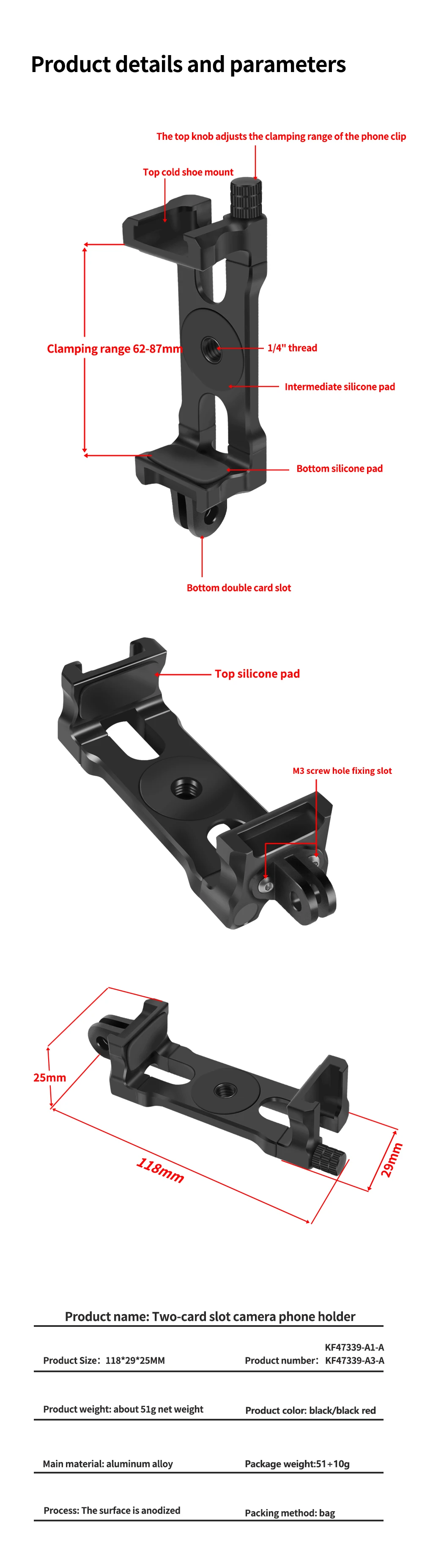 BGNing Handy-Clip-Monitorhalterung aus Aluminiumlegierung mit 1/4-Zoll-Arri-Positionierungsloch, Schnellverschluss für 62–87 mm große Smartphones – Detail 19