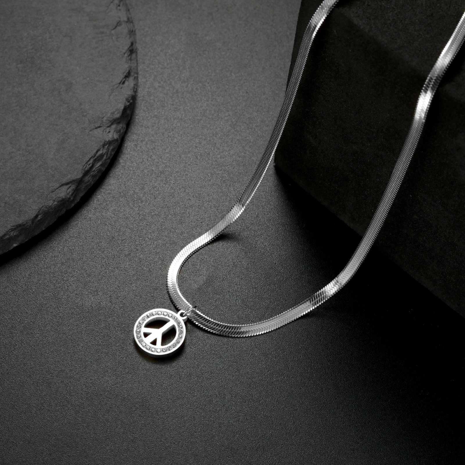COOLTIME Edelstahl Frieden Symbol Halskette für Frauen Mode Runde Zirkon Kette Anhänger Amulett Schmuck Geschenk Großhandel – Detail 18