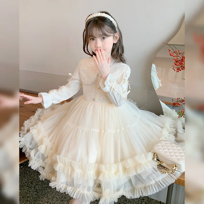 Girls Spring Autumn Winter New High-end Puffy Bow Princess Dress