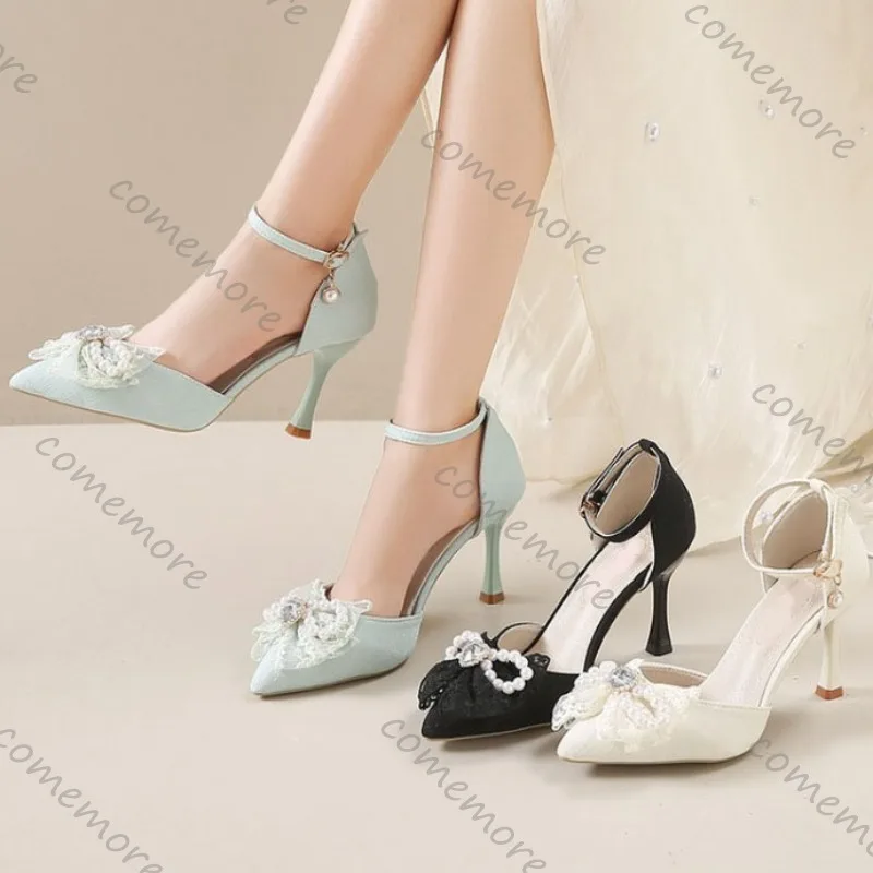 

Comemore Summer New Bow Hollow Pumps for Women Female Pointed Toe 5cm 8.5cm Thin High Heeled Elegent Women Party Dress Shoes