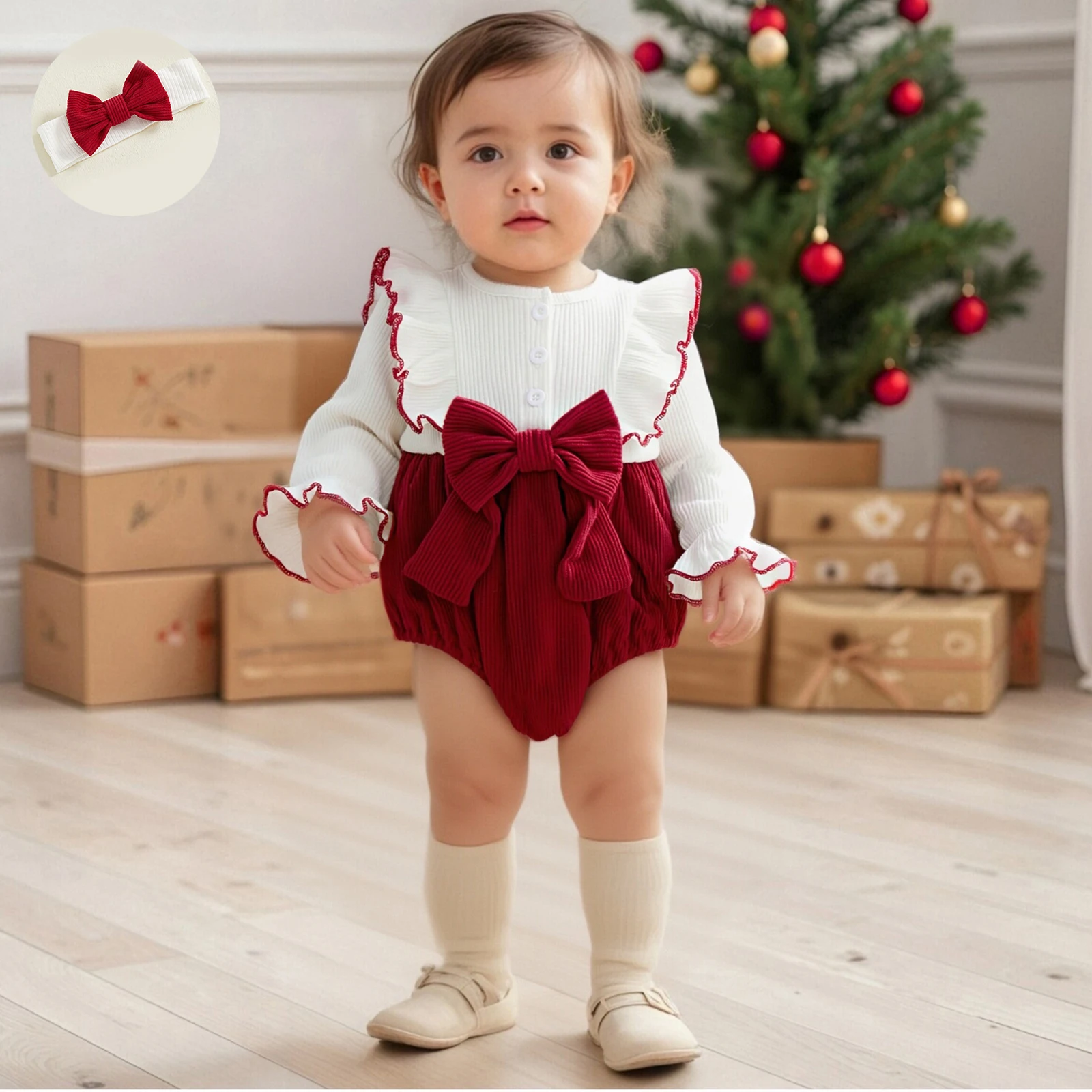 Sweety Newborn Baby Girl Lace Bodysuits Outfit Long Sleeve Crew Neck Bow Patchwork Romper with Hairband Clothes