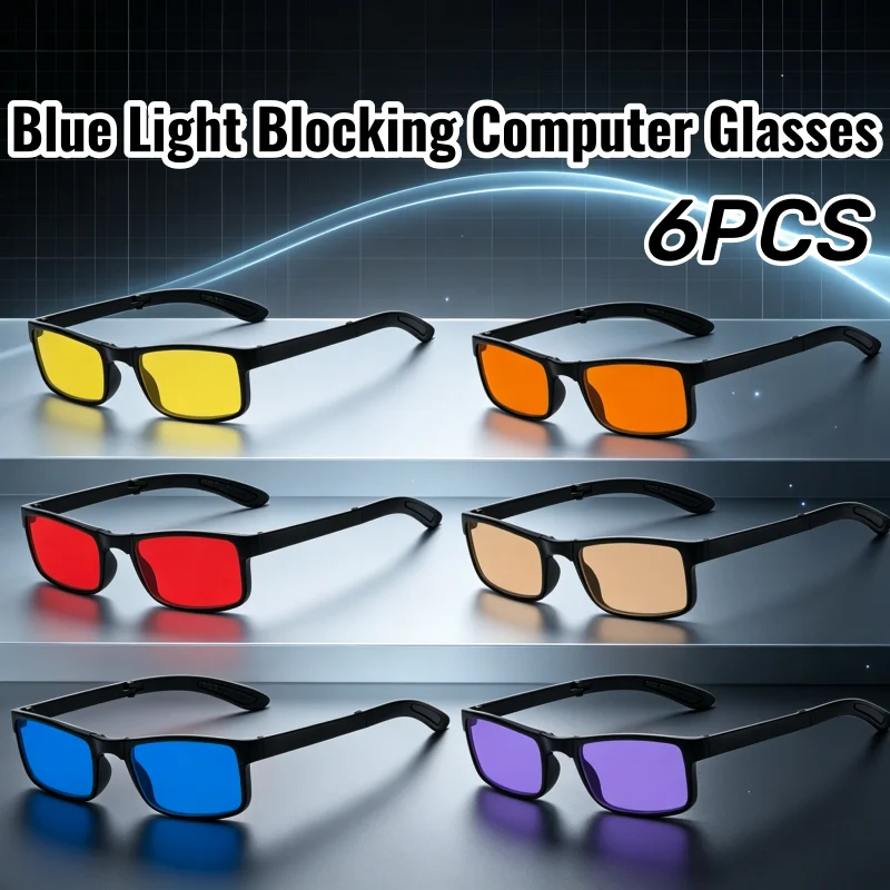 6PCS Orange Yellow Lenses Blue Light Blocking Glasses Men Square Frame Foldable Computer Eyewear Women Gaming Sleeping Glasses